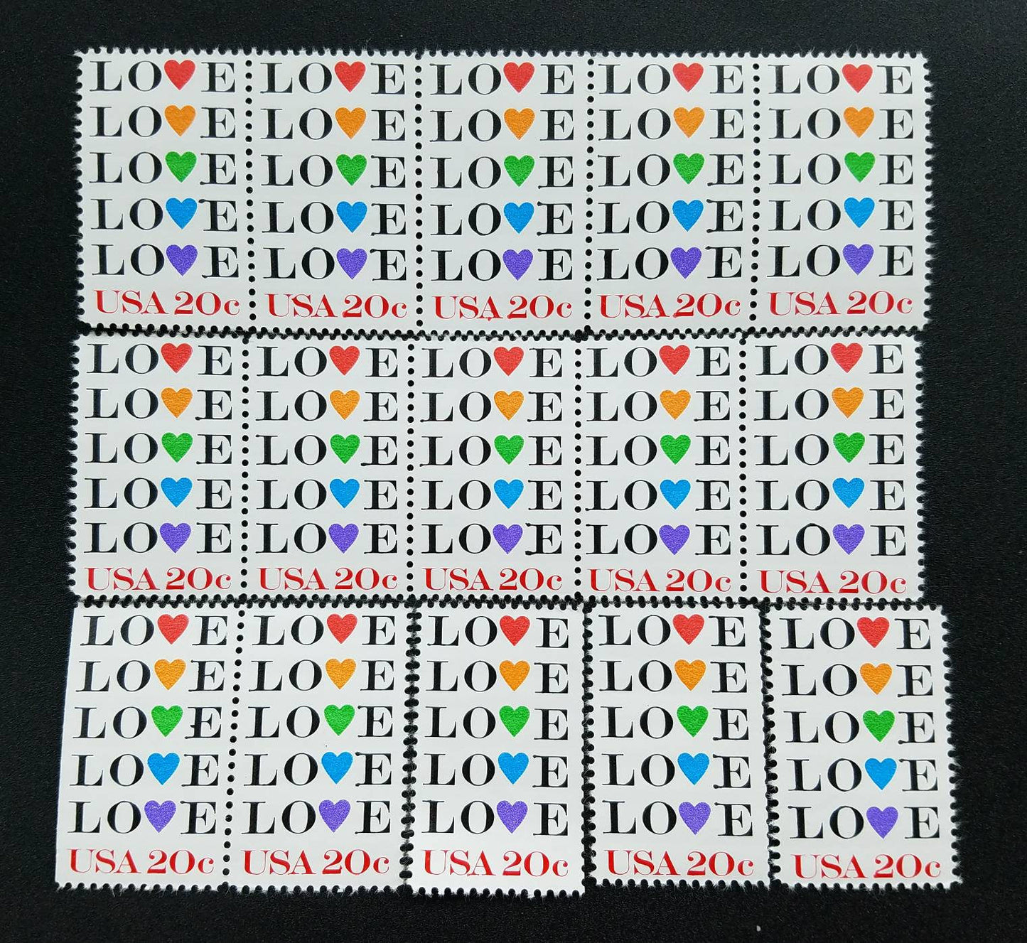Five (5) vintage unused postage stamps - Rainbow love // 20 cent stamps. Face value 1.00