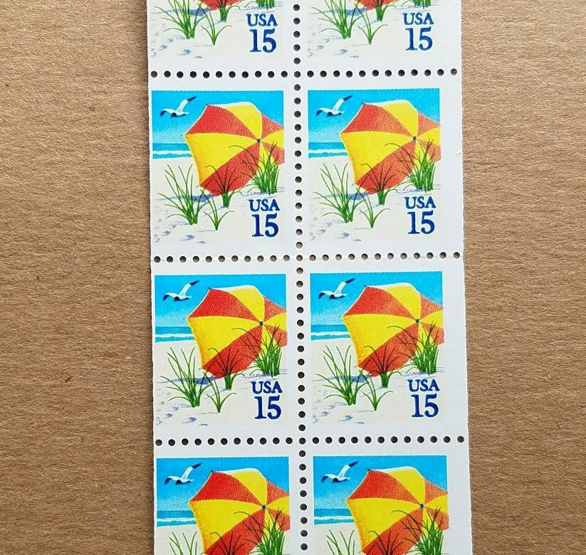 Ten (10) vintage unused postage stamps - Beach umbrella // 15 cent stamps // Face value 1.50