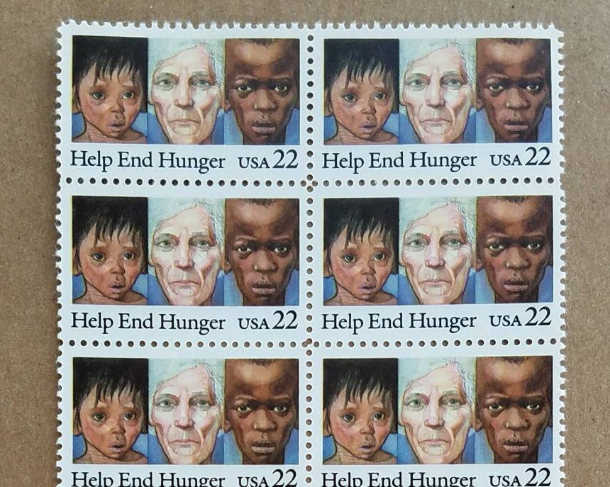 Five (5) vintage unused postage stamps - Help End Hunger // 22 cent stamps // Face value 1.10