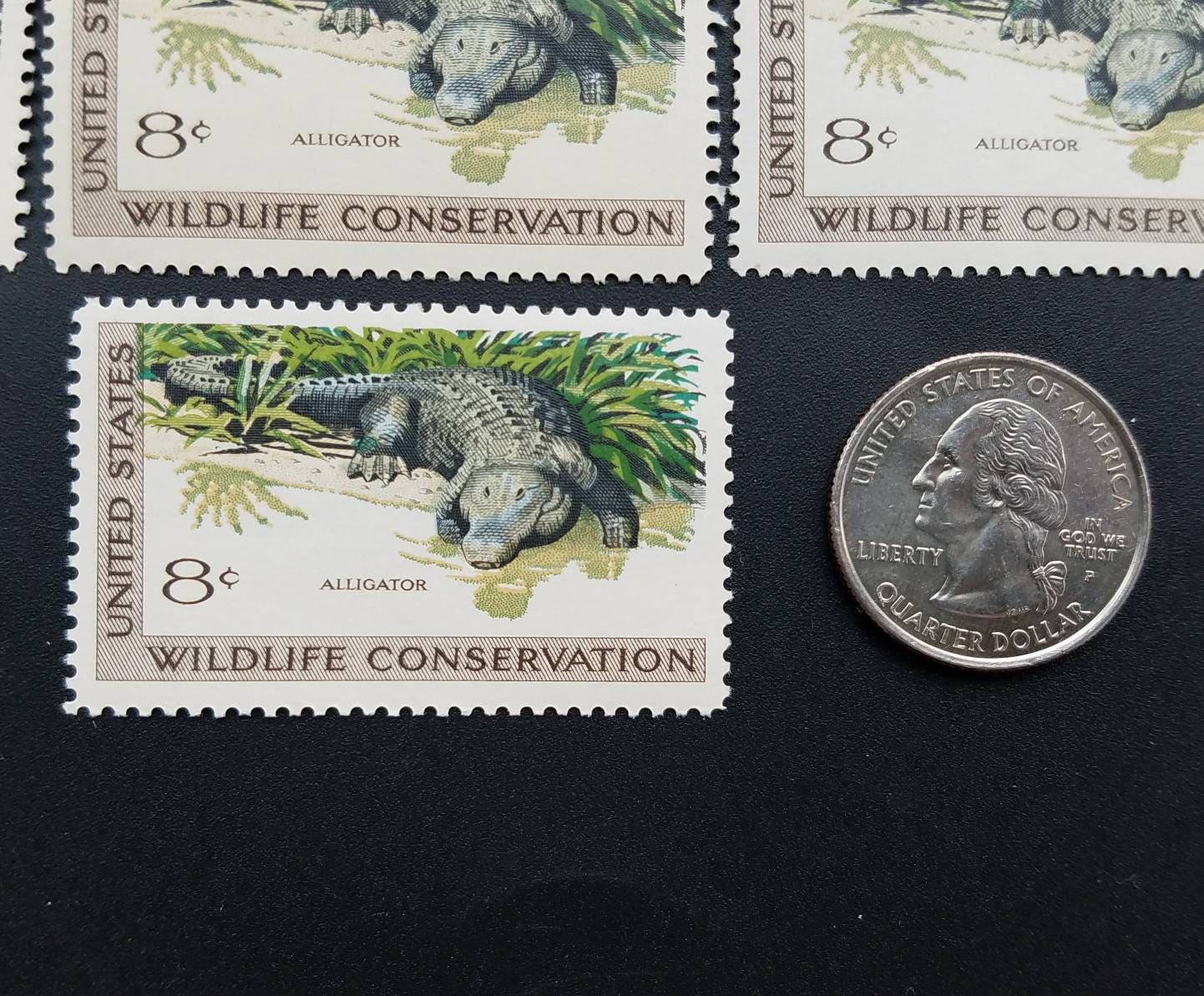 Five (5) vintage unused postage stamps - Alligator, wildlife conservation // 8 cent stamps // Face value 0.40