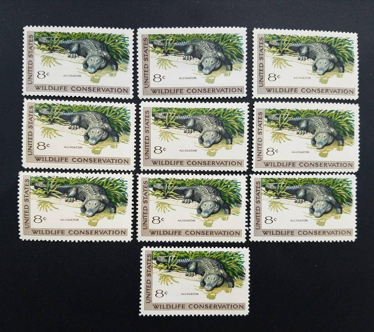 Five (5) vintage unused postage stamps - Alligator, wildlife conservation // 8 cent stamps // Face value 0.40