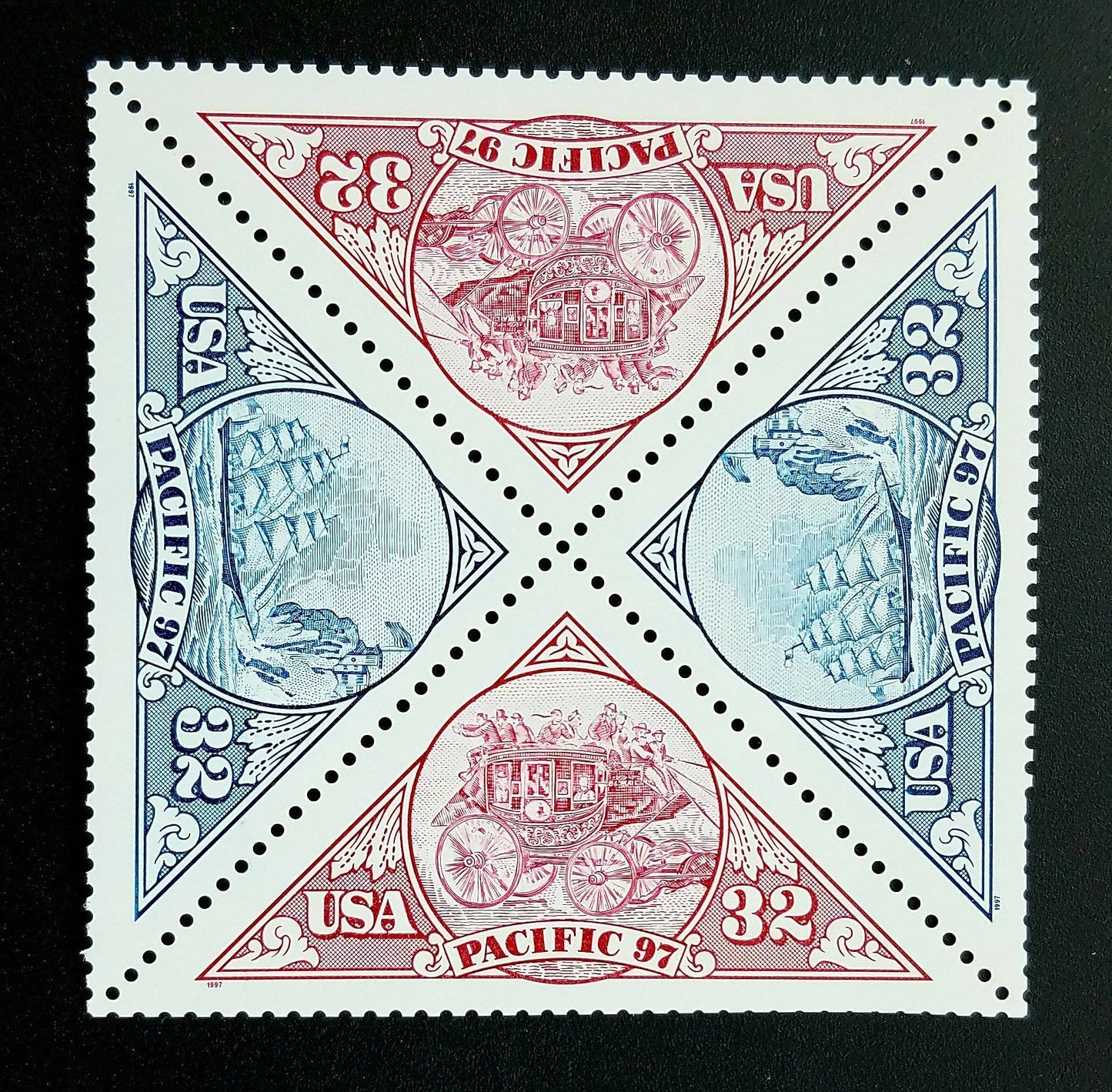 Four (4) unused vintage postage stamps - Pacific stagecoach and ship // 32 cent stamps // face value 1.28