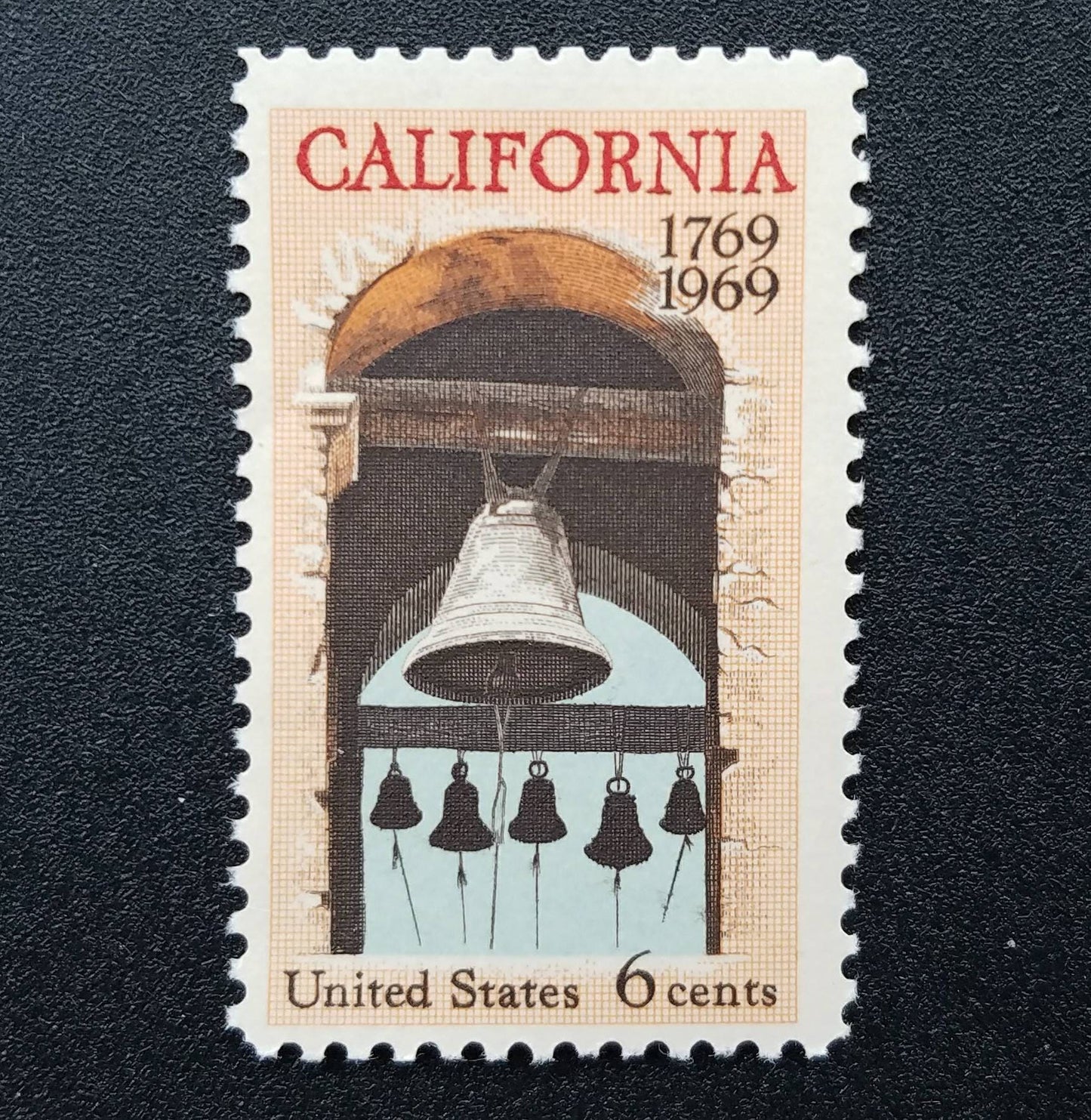 Five (5) vintage unused postage stamps - California, Carmel Mission Belfry // 6 cent stamps // face value 0.30