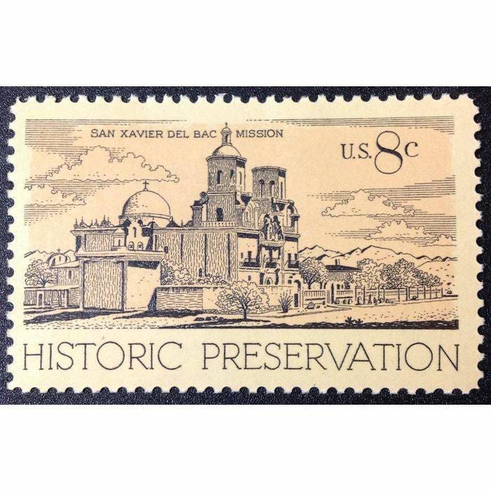 Five (5) vintage unused postage stamps - Historic preservation, San Xavier Del Bac Mission // 8 cent stamps // Face value 0.40
