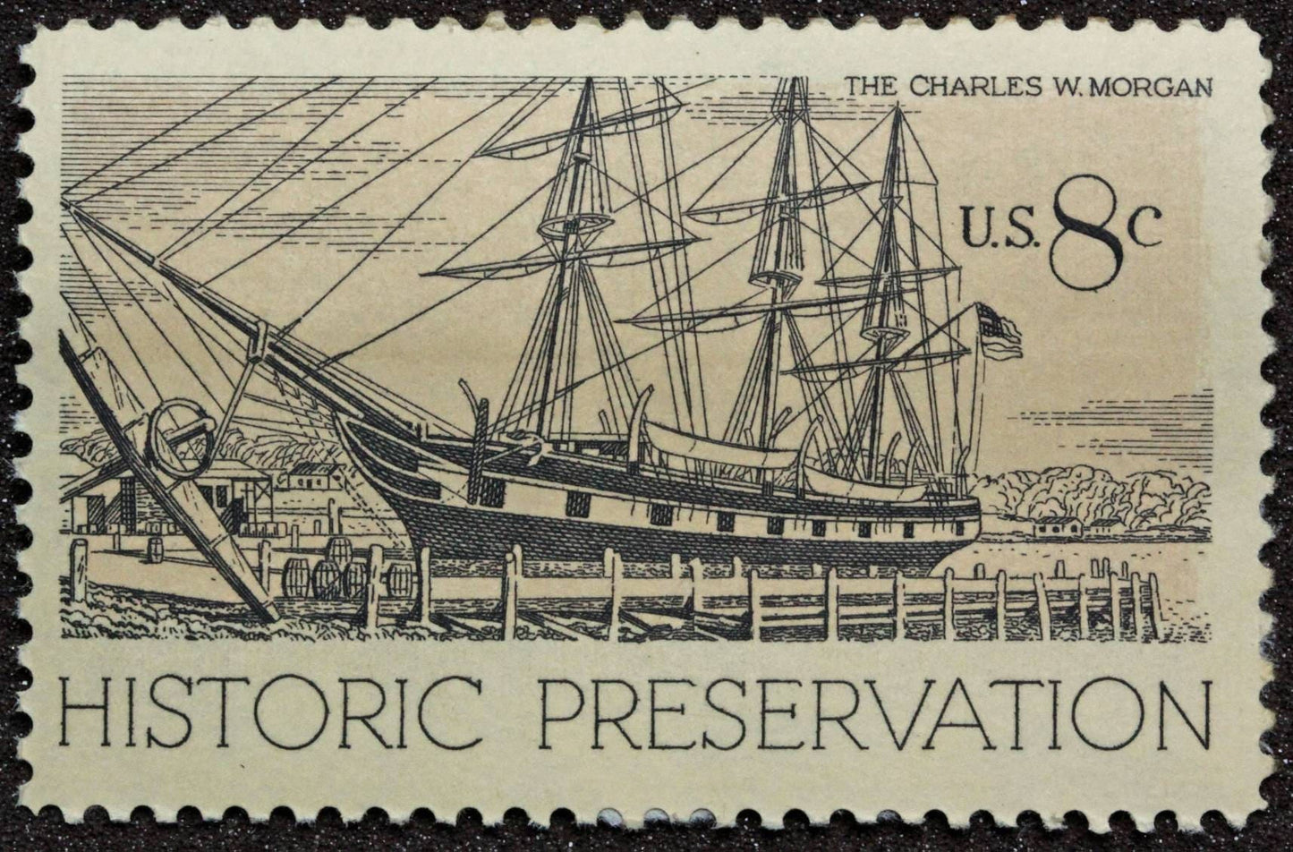 Five (5) vintage unused postage stamps - Historic preservation, Charles W Morgan // 8 cent stamps // Face value 0.40