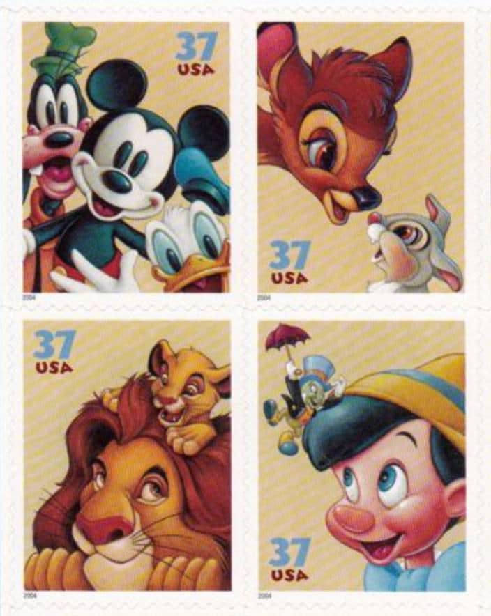 Four (4) unused postage stamps - Disney characters // 37 cent stamps // Face value 1.48