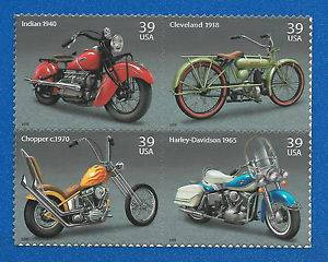 Four (4) unused postage stamps - American Motorcycles // 39 cent stamps // face value 1.55