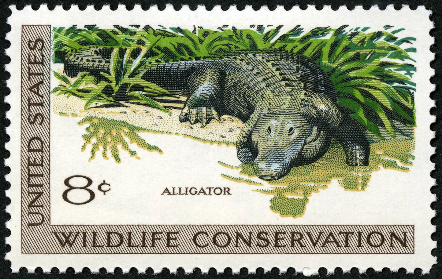 Five (5) vintage unused postage stamps - Alligator, wildlife conservation // 8 cent stamps // Face value 0.40