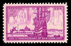 Five (5) vintage unused postage stamps - New York City 300th anniversary // 3 cent stamps // face value 0.15