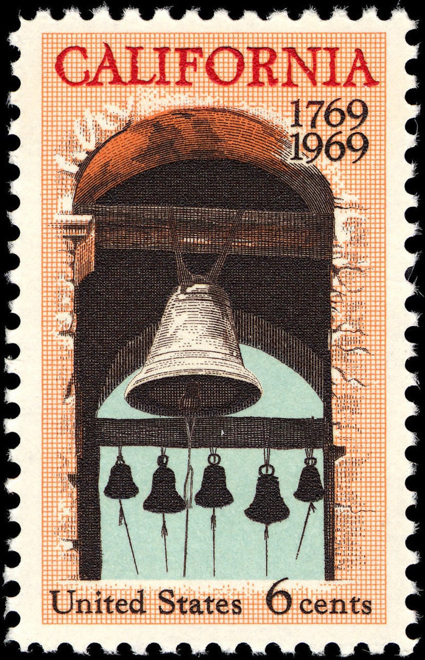 Five (5) vintage unused postage stamps - California, Carmel Mission Belfry // 6 cent stamps // face value 0.30