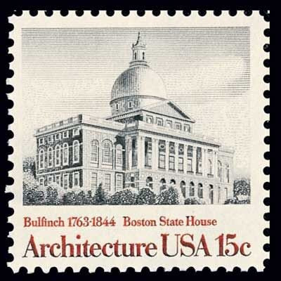 Five (5) vintage unused postage stamps - Architecture - Boston State House // 15 cent stamps // Face value 0.75
