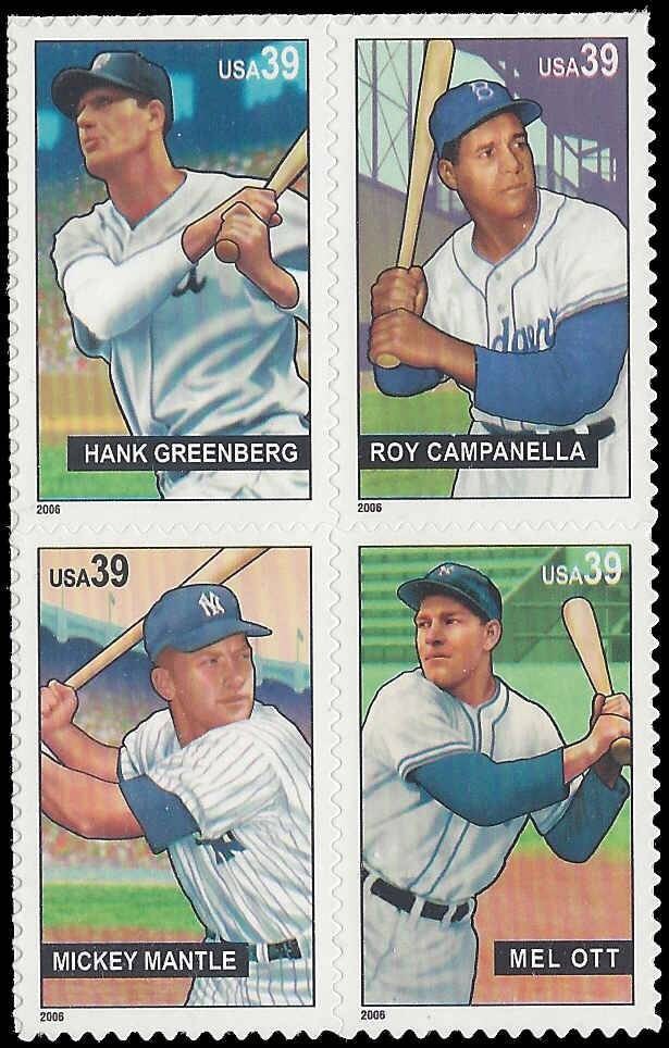 Four (4) unused postage stamps - Baseball Sluggers // 39 cent stamps // face value 1.56