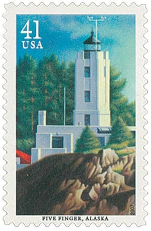 Five (5) vintage unused postage stamps - Lighthouses of the Pacific: Five Finger, Alaska // 41 cents // Face value 2.05