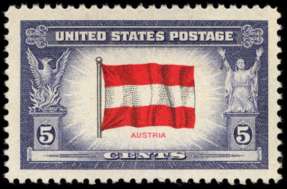 Five (5) vintage unused postage stamps - Overrun countries, 1942-1943: flag of Austria // 5 cent stamps // face value 0.25