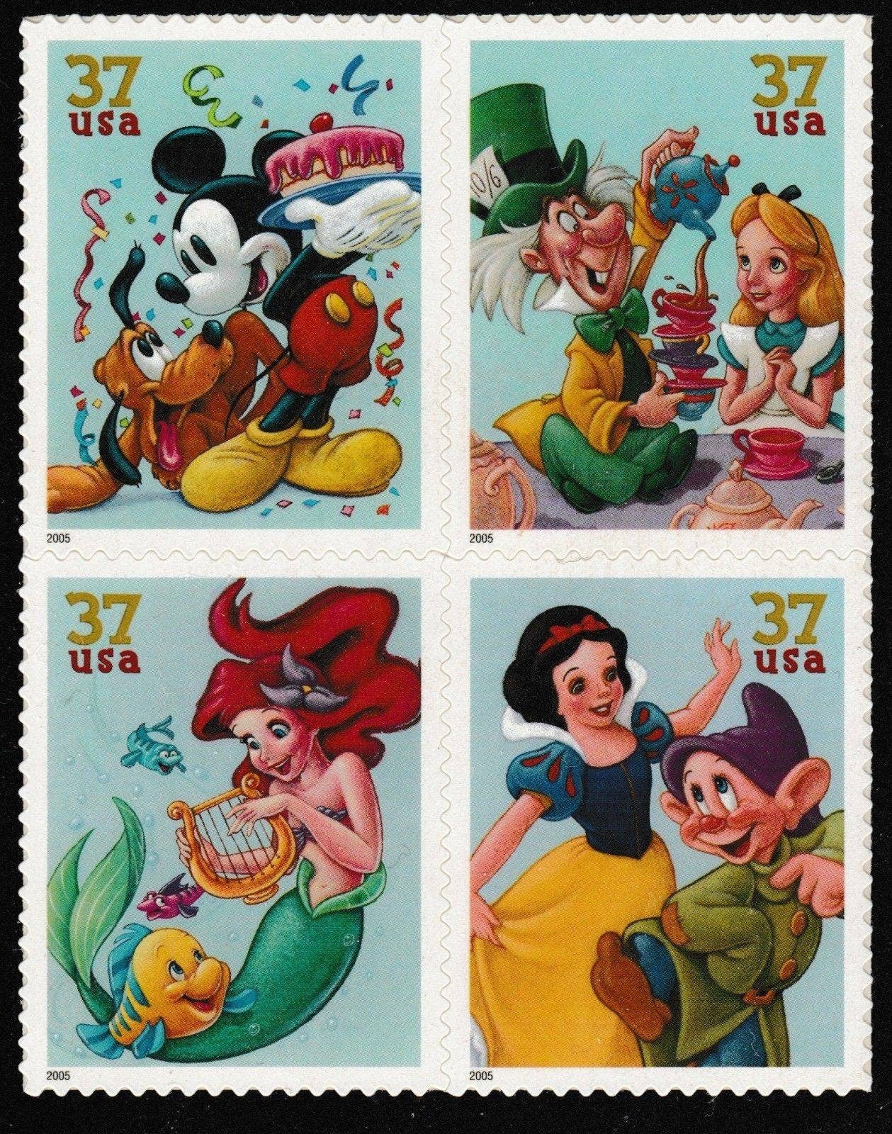 Four (4) unused postage stamps - Disney characters - celebration // 37 cent stamps // Face value 1.48
