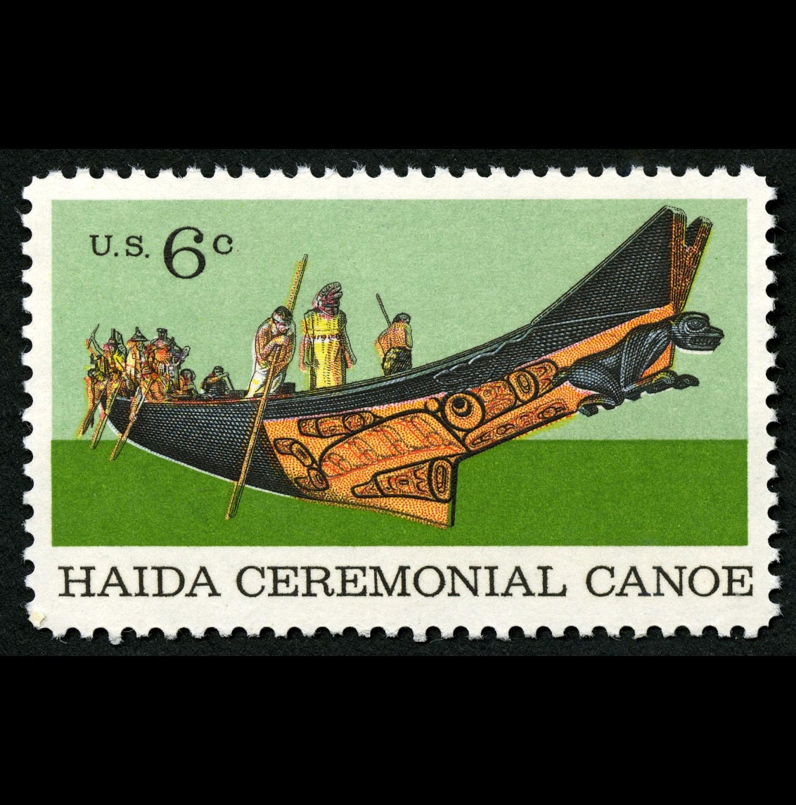 Five (5) vintage unused postage stamps - Haida Ceremonial Canoe // 6 cent stamps // Face value 0.30