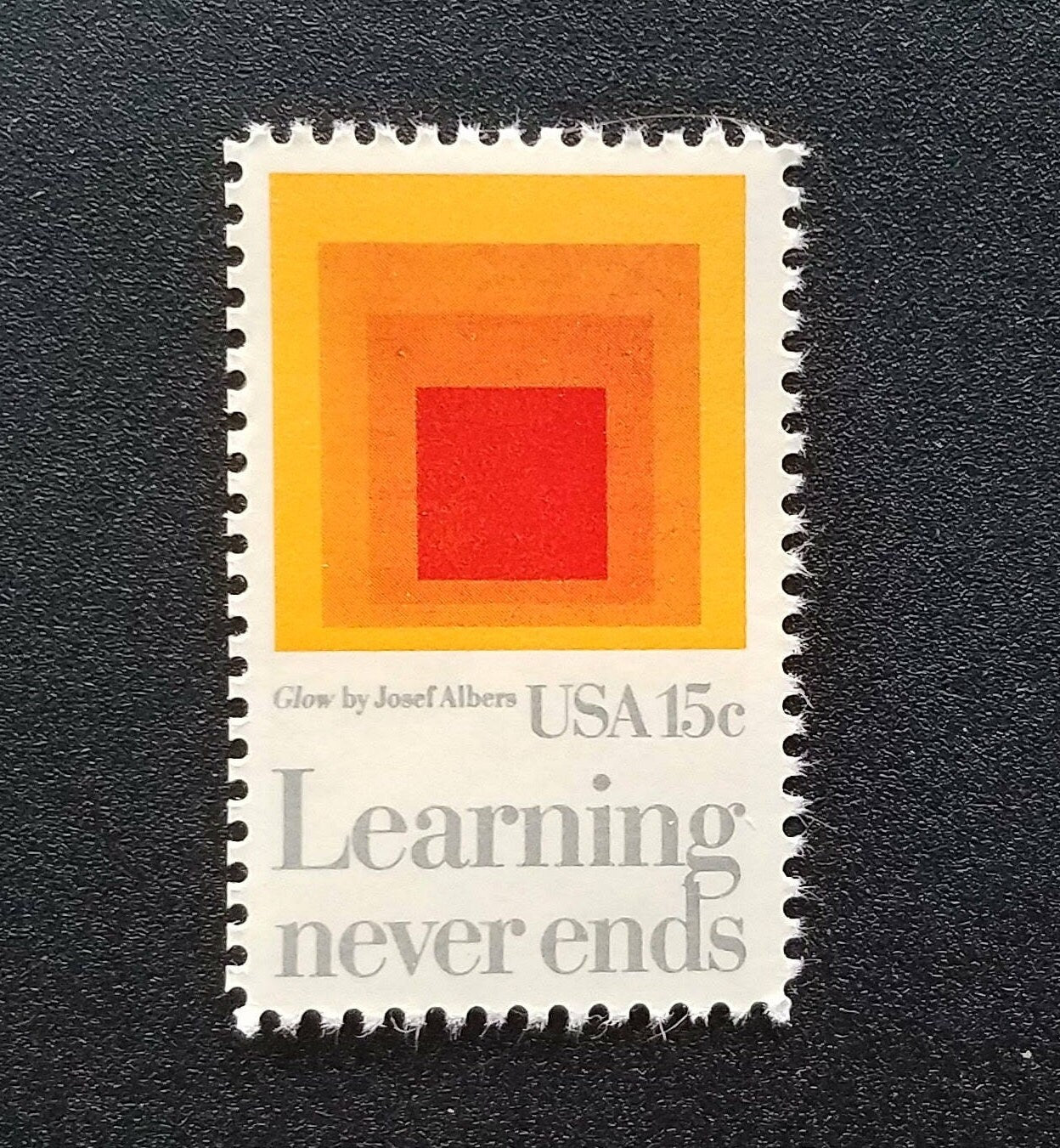 Five (5) vintage unused postage stamps - Learning never ends // 15 cent stamps // face value 0.75
