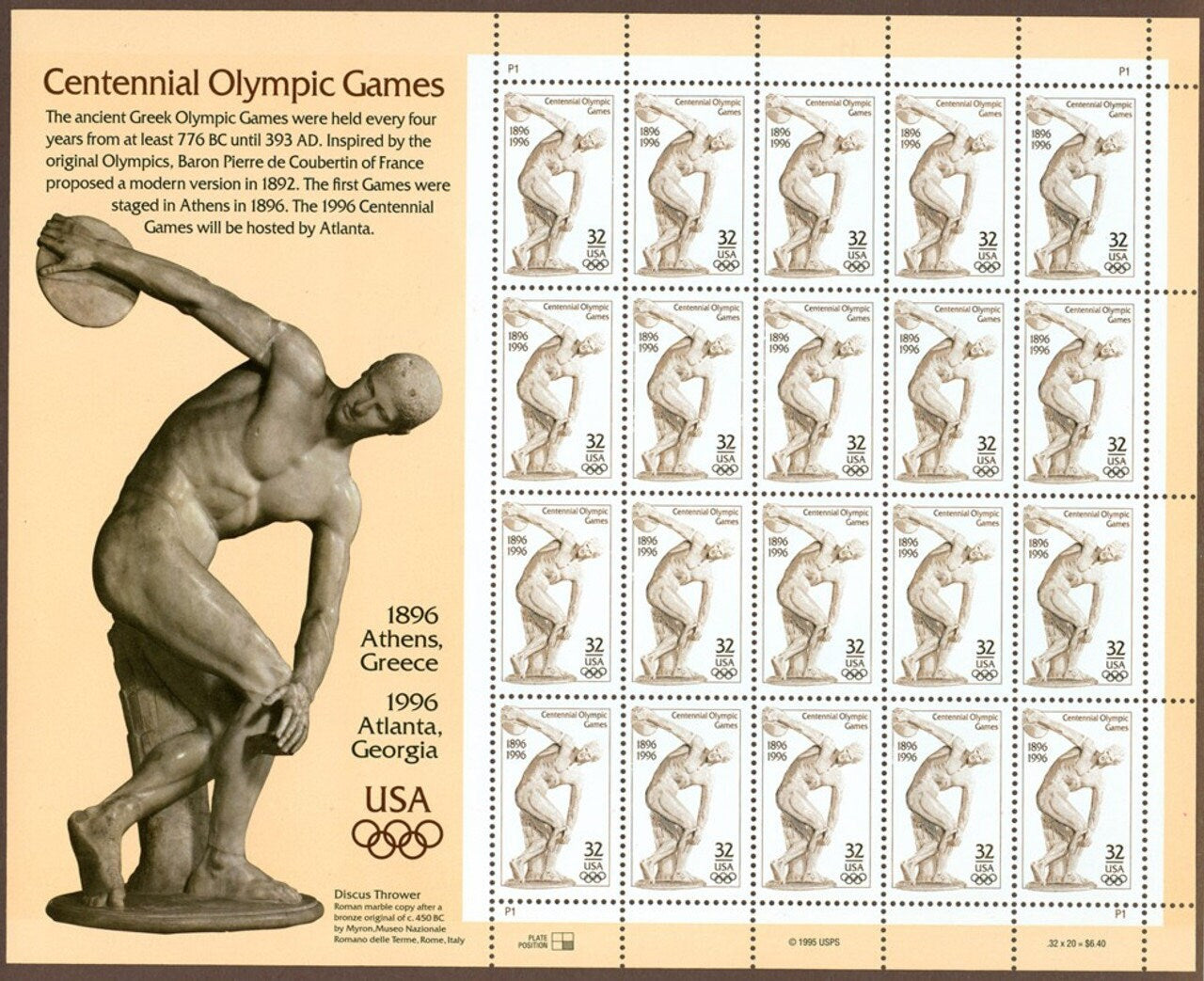 One 1 Olympic Games Discus Thrower 32c // vintage unused postage stamp // 32 cent stamp