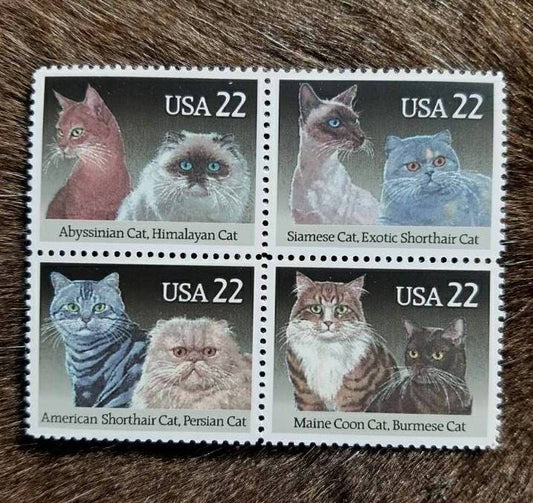 Four (4) vintage unused postage stamps - Cat breeds // 22 cent stamps // face value 0.88