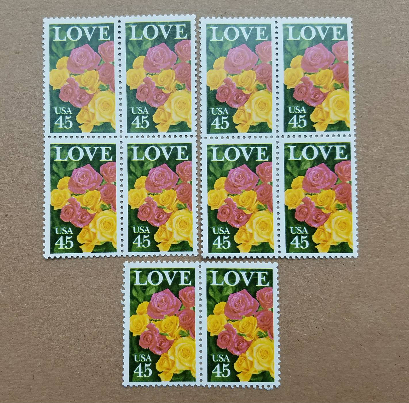 Five (5) vintage unused postage stamps - Love & roses // 45 cent stamps // face value 2.25