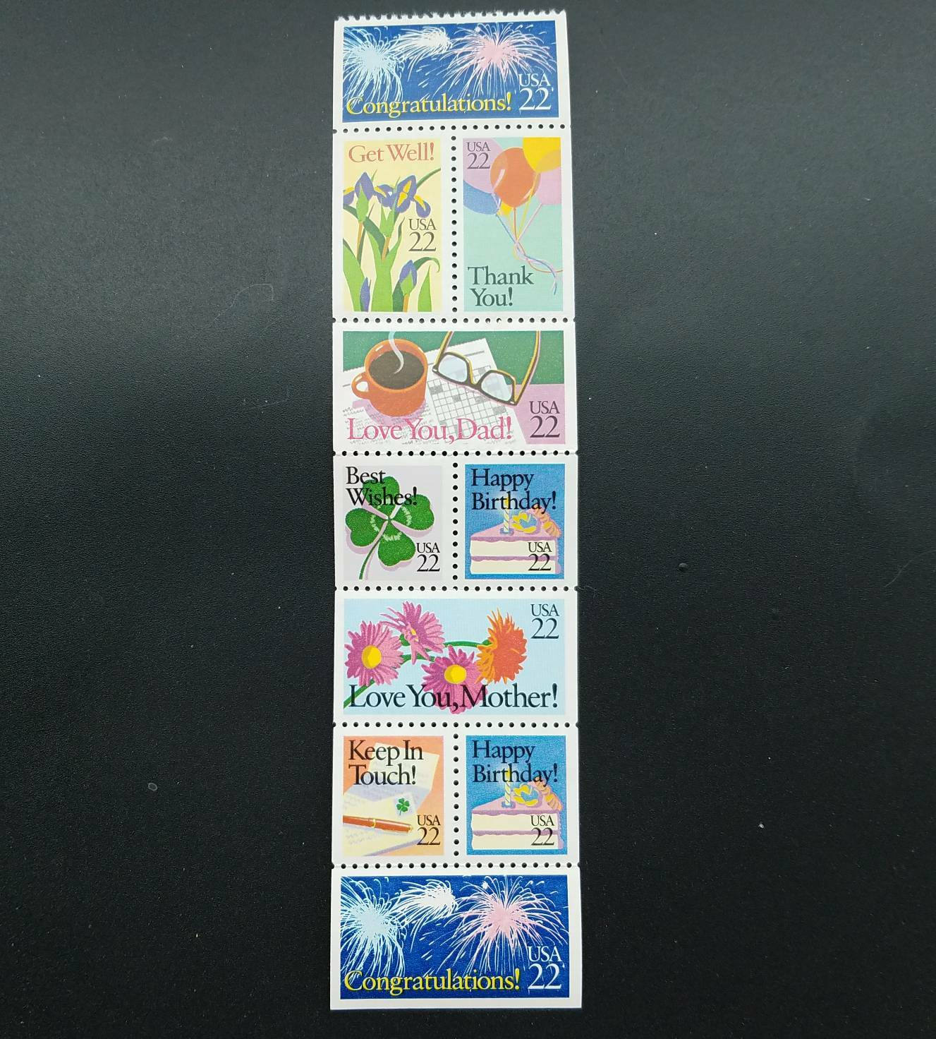 Ten (10) unused postage stamps - Greetings, best wishes, congratulations, mother's day, father's day // 22 cent stamps // face value 2.20