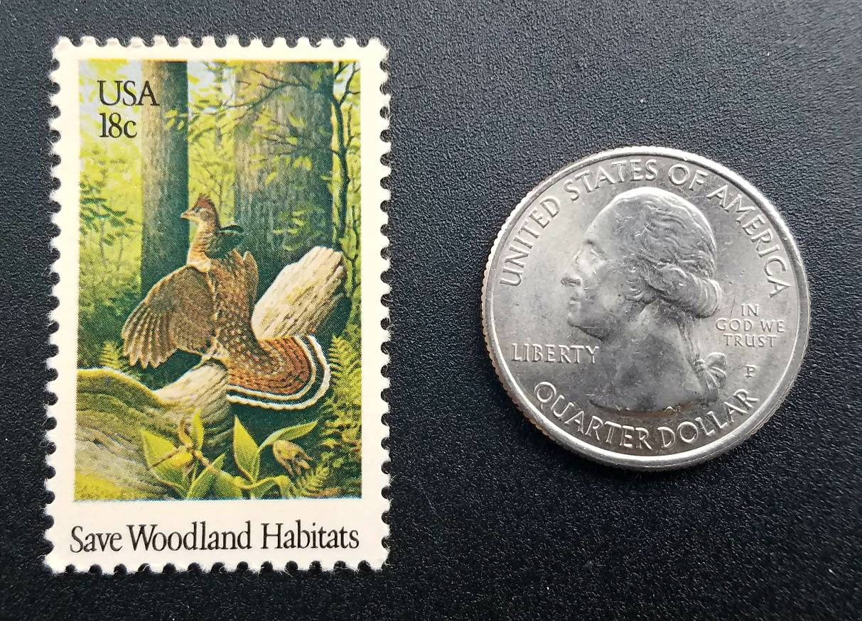 Five (5) vintage unused postage stamps - Save Woodland Habitats: Ruffled grouse // 18 cent stamps // Face value 0.90 dollars