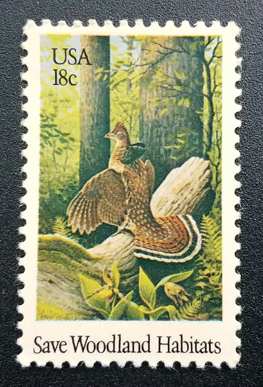 Five (5) vintage unused postage stamps - Save Woodland Habitats: Ruffled grouse // 18 cent stamps // Face value 0.90 dollars