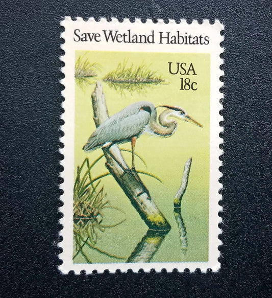 Five (5) vintage unused postage stamps - Blue heron, Save wetland habitats // 18 cent stamps // Face value 0.90