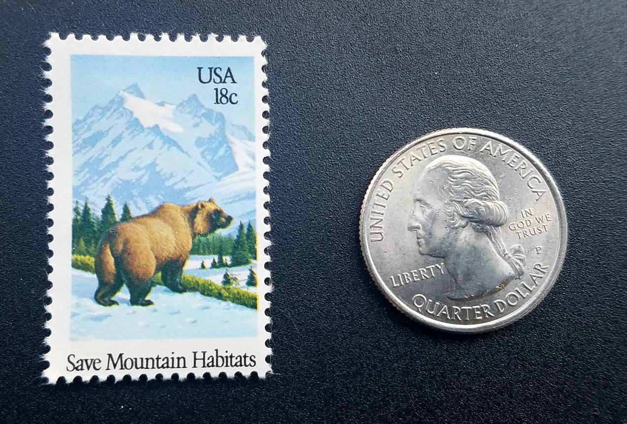 Five (5) vintage unused postage stamps - Bear, Save Mountain Habitats // 18 cent stamps // Face value 0.90 dollars