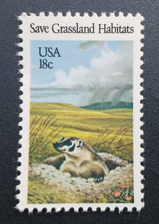 Five (5) vintage unused postage stamps - Badger, Save Grassland Habitats // 18 cent stamps // Face value 0.90 dollars