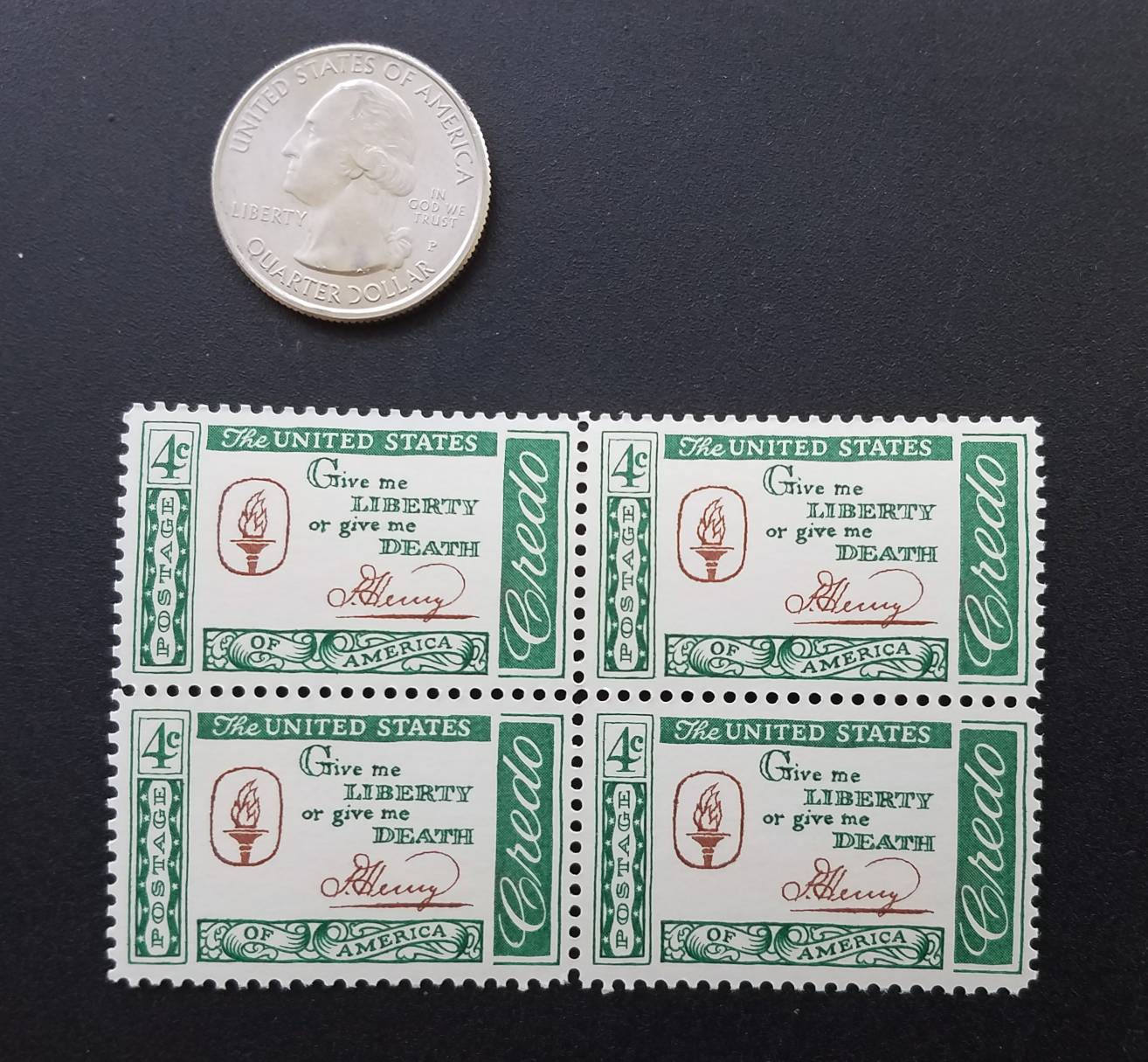 Five (5) vintage unused postage stamps - American credo, Patrick Henry quote // 4 cent stamps // Face value 0.20