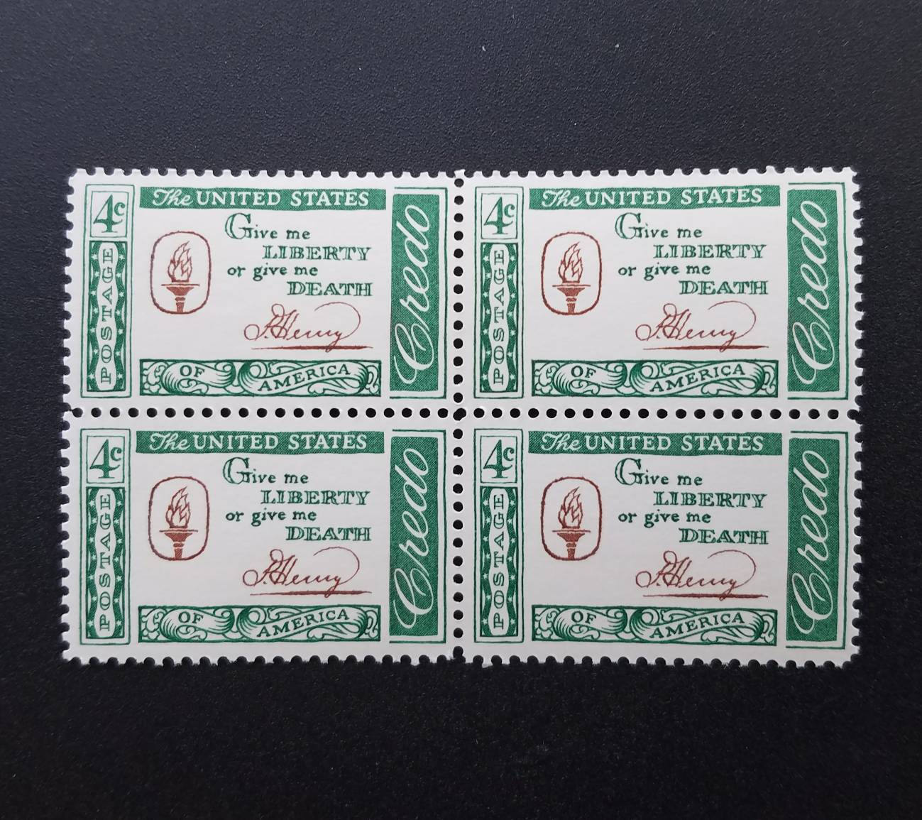 Five (5) vintage unused postage stamps - American credo, Patrick Henry quote // 4 cent stamps // Face value 0.20