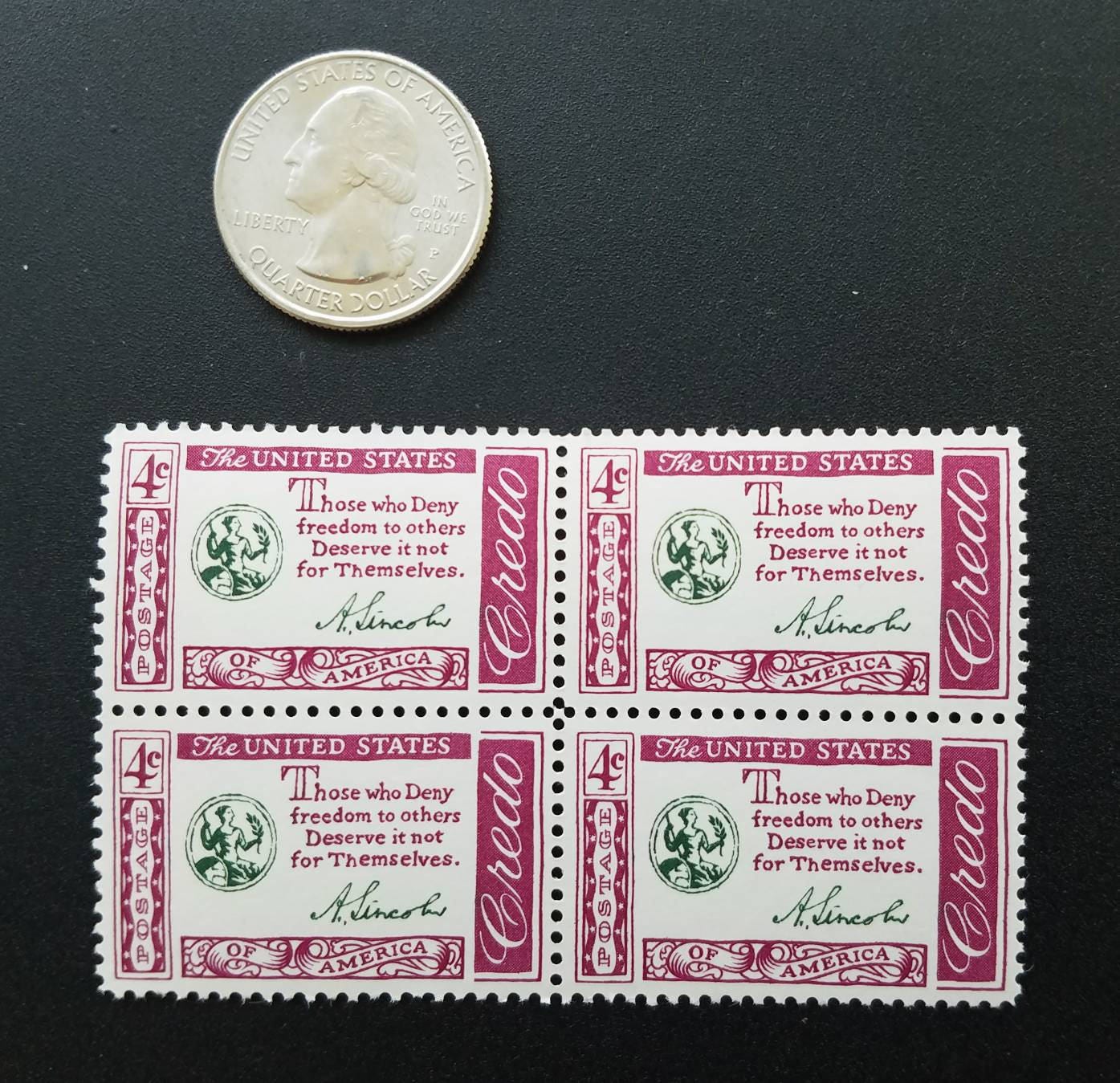 Five (5) vintage unused postage stamps - American credo, Abraham Lincoln quote // 4 cent stamps // Face value 0.20