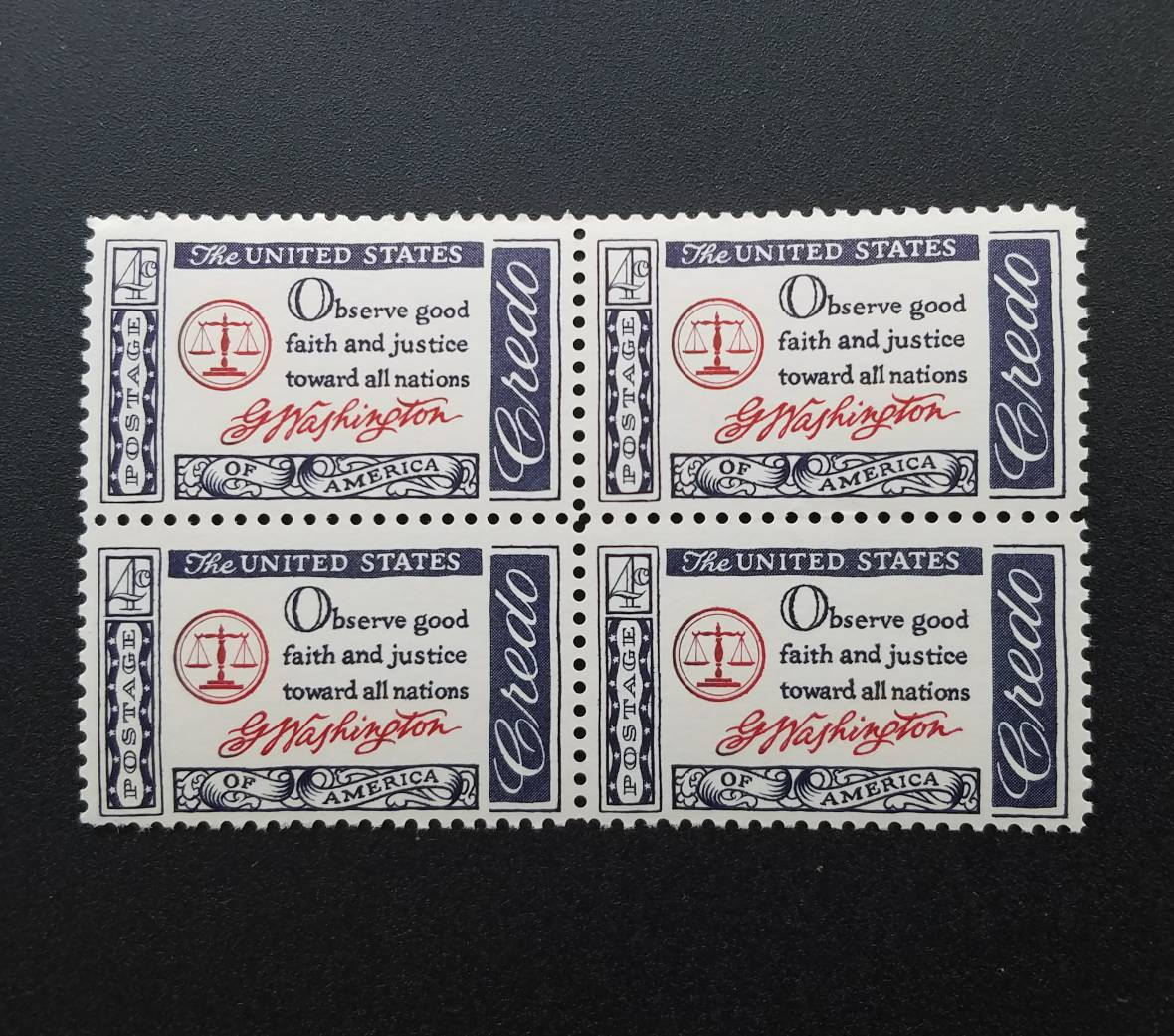 Five (5) vintage unused postage stamps - American credo, Washington's farewell address // 4 cent stamps // Face value 0.20