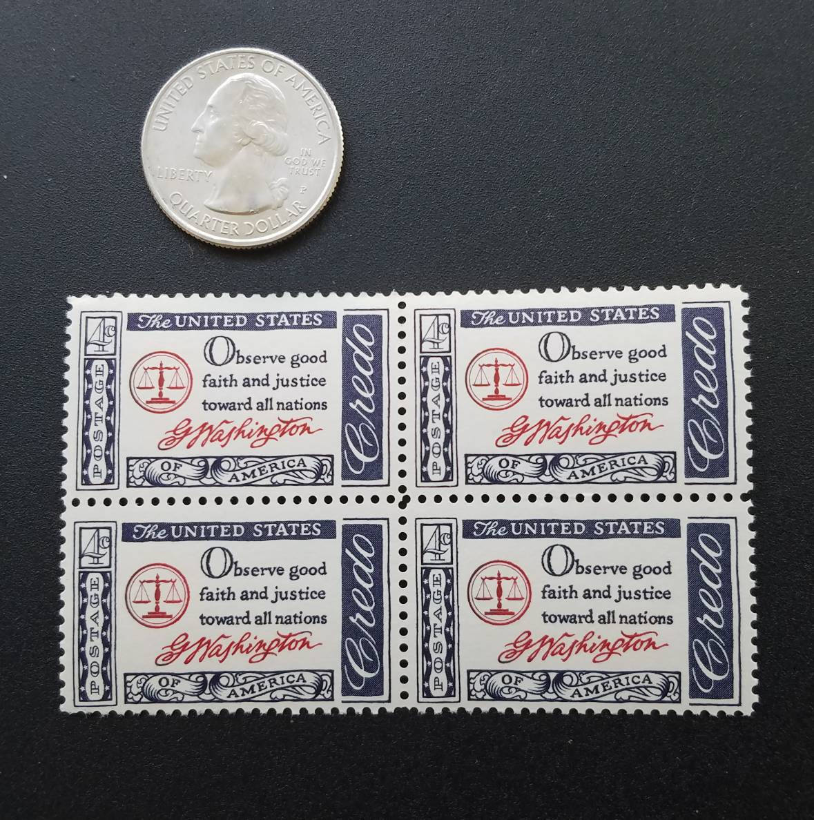 Five (5) vintage unused postage stamps - American credo, Washington's farewell address // 4 cent stamps // Face value 0.20