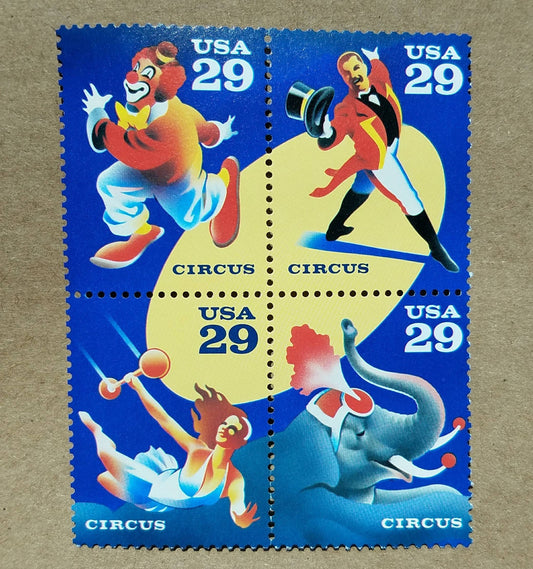 Four (4) vintage unused postage stamps - Circus // 29 cent stamps // Face value 1.16