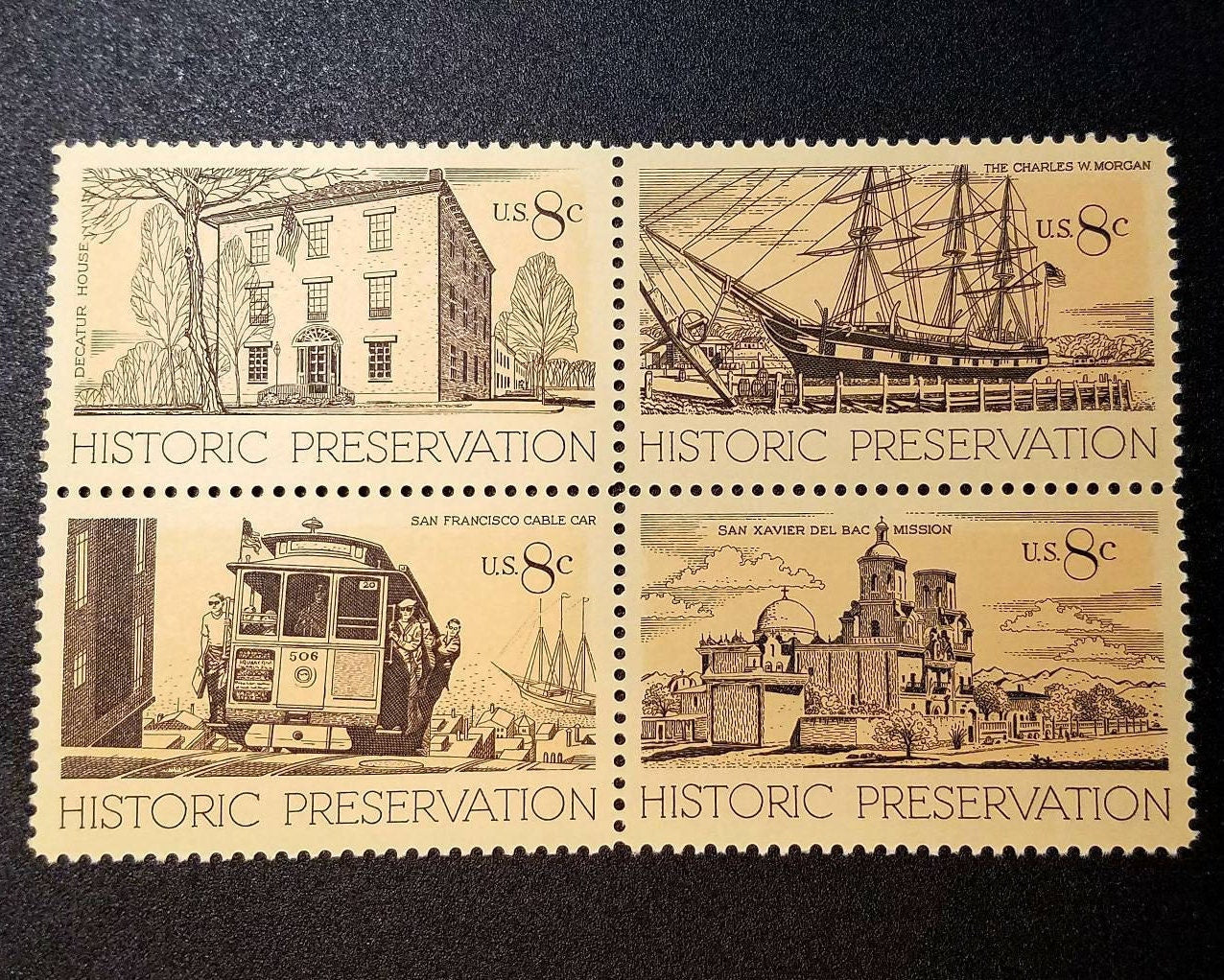 Four (4) vintage unused postage stamps - Historic preservation // 8 cent stamps // Face value 0.32