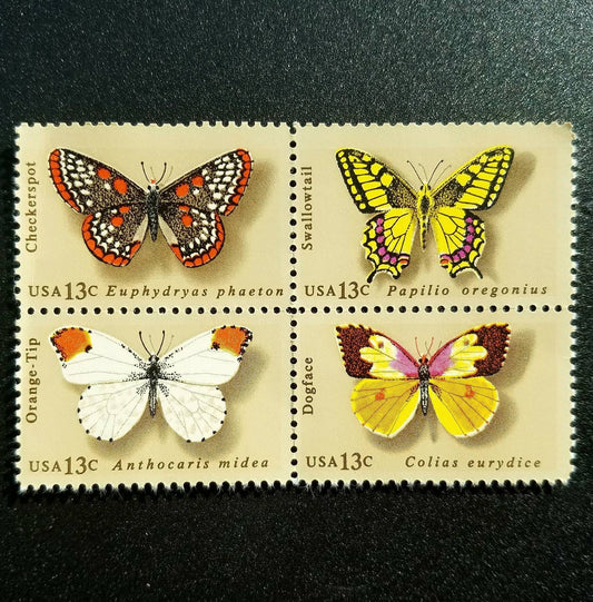 Four (4) vintage unused postage stamps - Butterflies // 13 cent stamps // Face value 0.52