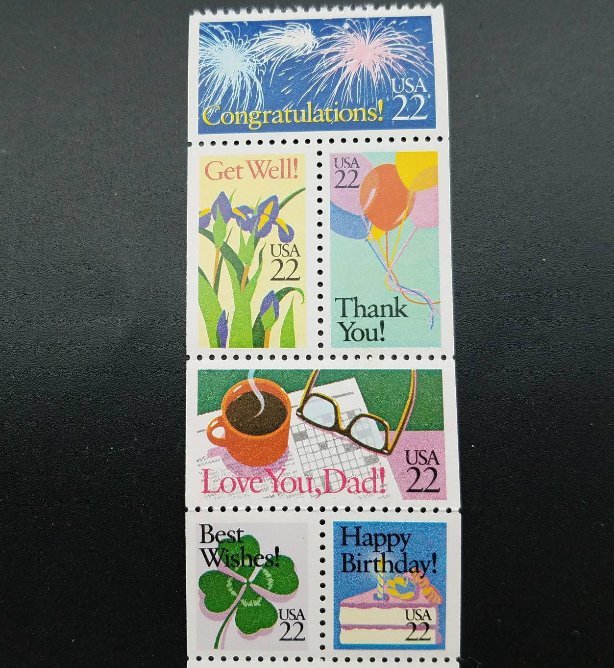 Ten (10) unused postage stamps - Greetings, best wishes, congratulations, mother's day, father's day // 22 cent stamps // face value 2.20