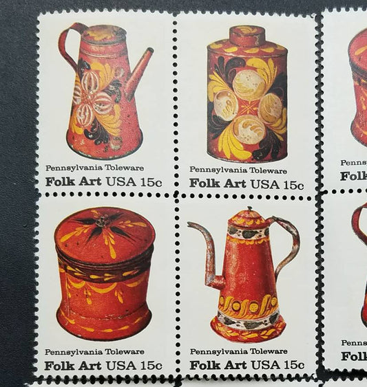 Four (4) vintage unused postage stamps - Folk Art (toleware) // 15 cent stamps tt face value 0.60