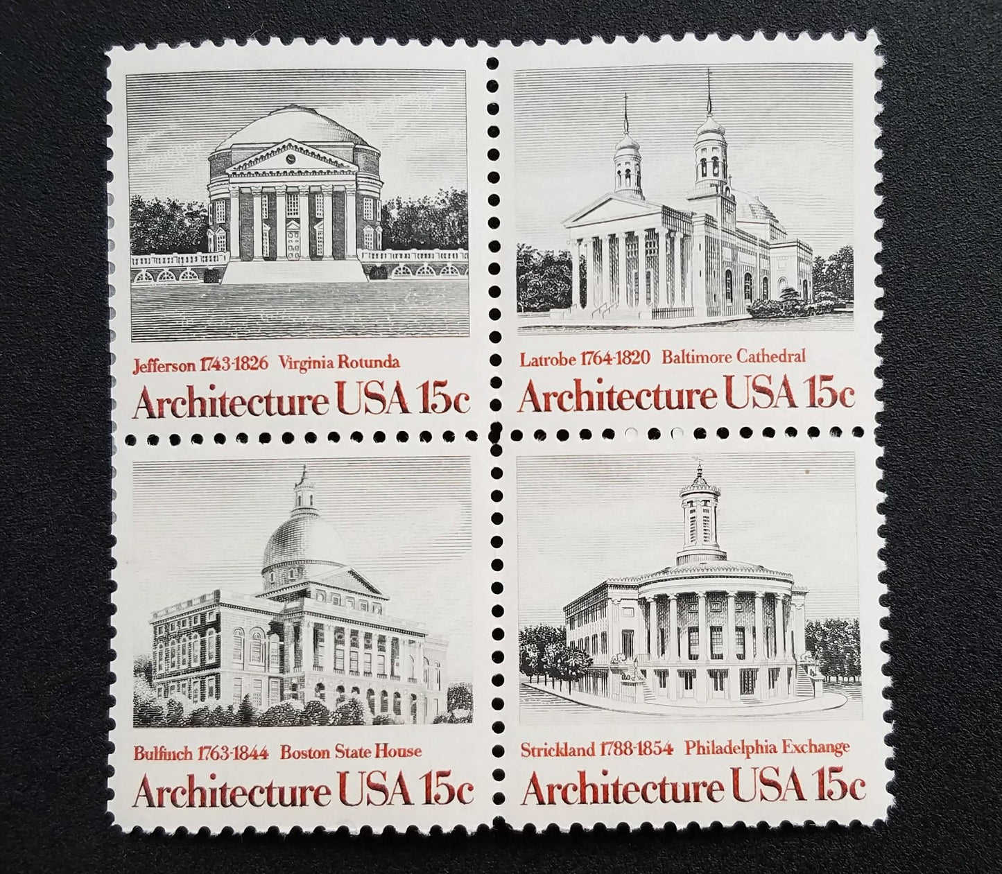 Four (4) vintage unused postage stamps - Architecture // 15 cent stamps // Face value 0.60