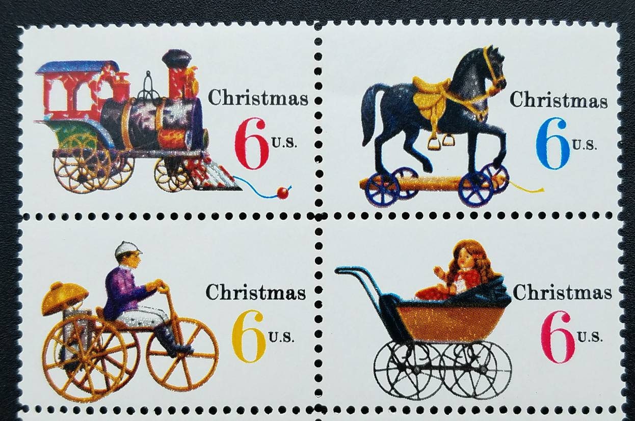 Four (4) vintage unused Christmas postage stamps - Christmas toys // 6 cent stamps // Face value 0.24