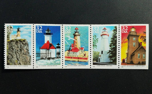 Five (5) vintage unused postage stamps - Lighthouses of the Great Lakes // 32 cents // Face value 1.60