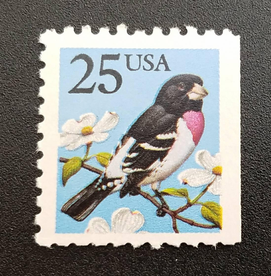 Five (5) vintage unused postage stamps - Grosbeak // 25 cent stamps // Face value 1.25