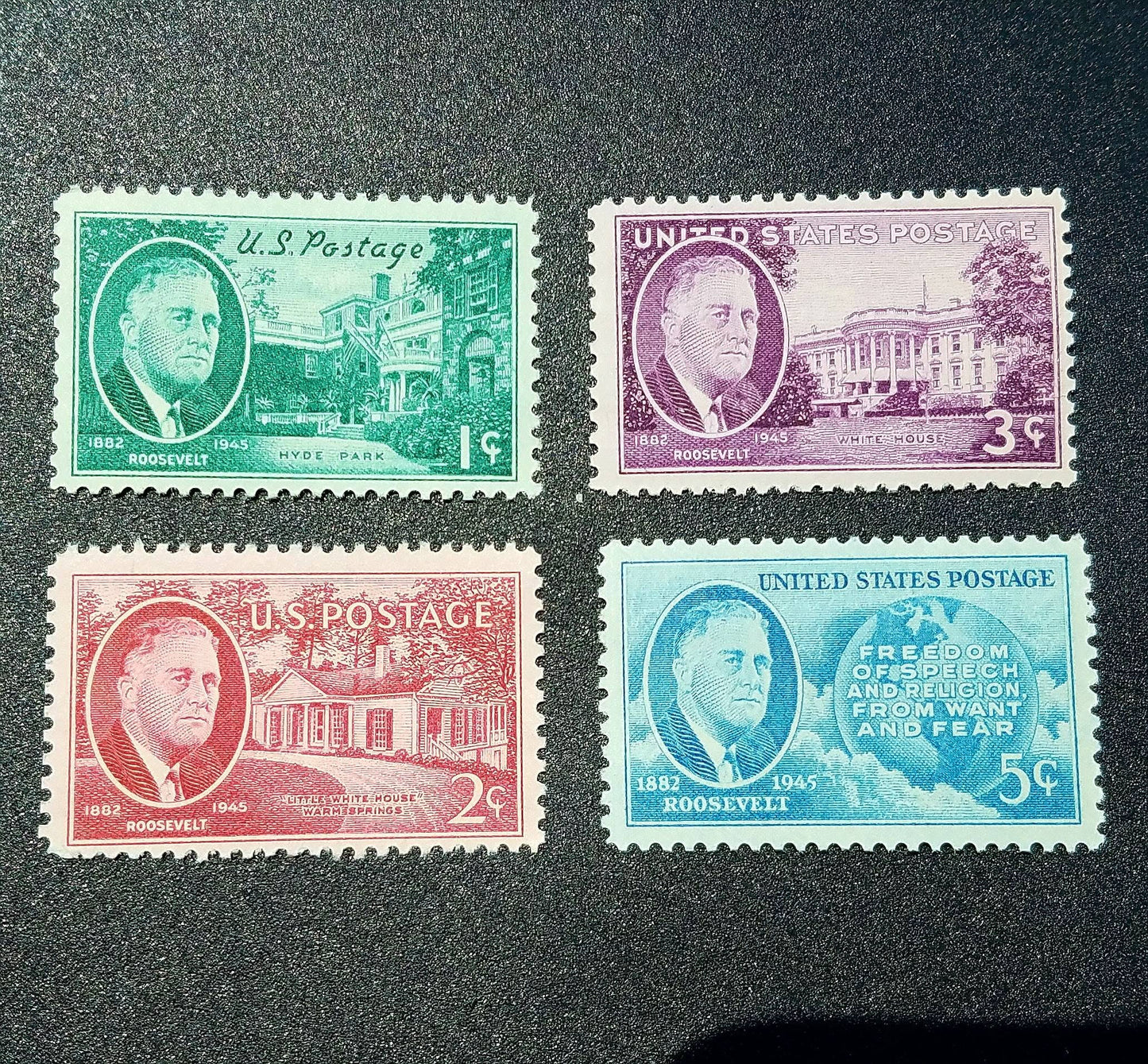 Sixteen (16) unused FDR postage stamps - Franklin D. Roosevelt: 1c, 2c, 3c, 5c (4 sets of 4)