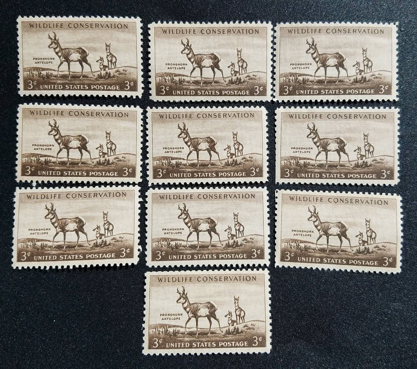 Five (5) vintage unused postage stamps - Pronghorn Antelope // 3 cent stamps