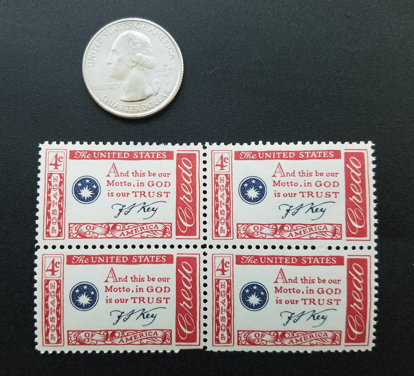 Five (5) vintage unused postage stamps, - American credo, Francis Scott Key // 4 cent stamps // Face value 0.20