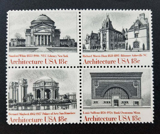 Four (4) vintage unused postage stamps - Architecture // 18 cent stamps // Face value 0.72