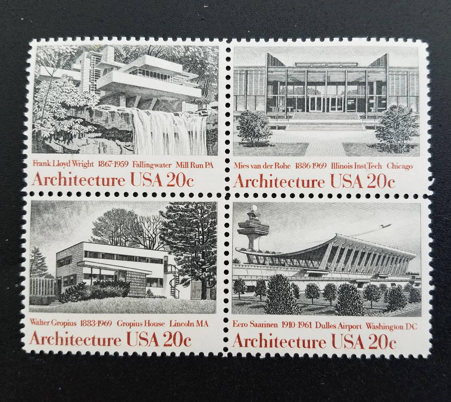 Four (4) vintage unused postage stamps - Architecture // 20 cent stamps // Face value 0.80