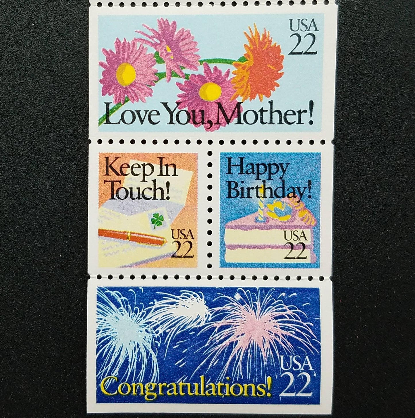 Ten (10) unused postage stamps - Greetings, best wishes, congratulations, mother's day, father's day // 22 cent stamps // face value 2.20